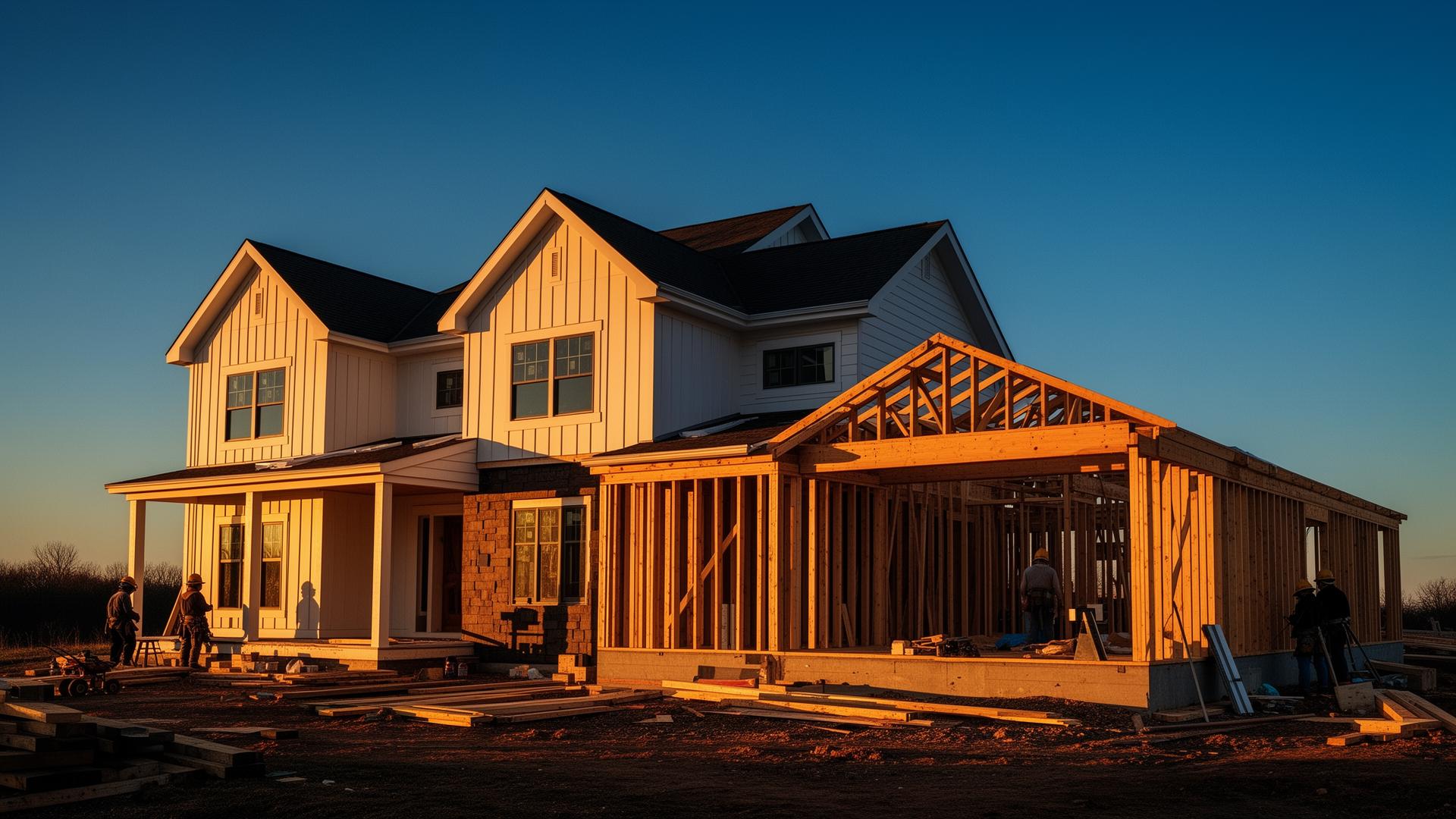 Modern American home being remodeled at golden hour